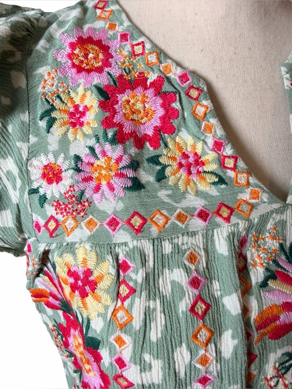 Savanna Jane Boho Embroidered Top Green Leopard Print Flutter Sleeve Size Small - Picture 8 of 12